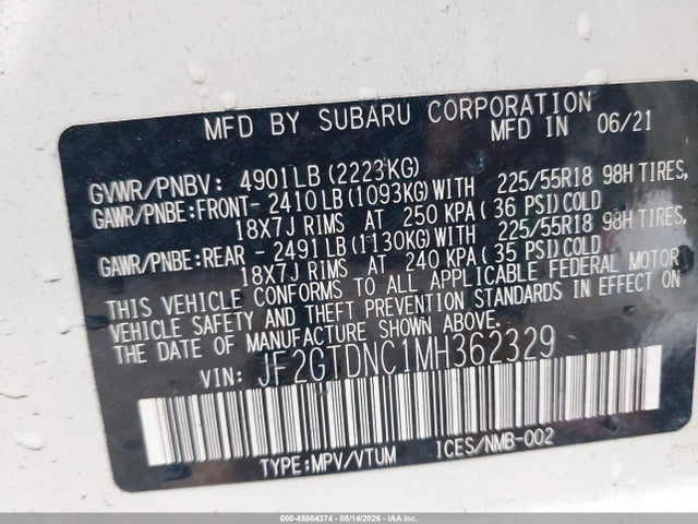 Aukcja sprzedaży 2021 Subaru Crosstrek Hybrid, vin: JF2GTDNC1MH362329, numer aukcji: 45864374