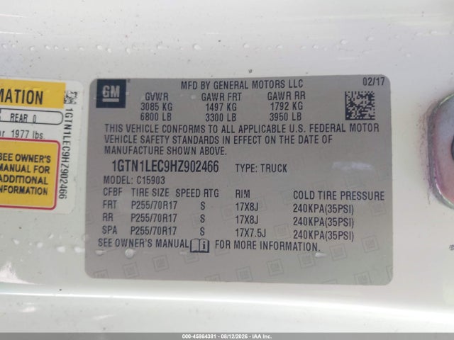 Aukcja sprzedaży 2017 Gmc Sierra 1500, vin: 1GTN1LEC9HZ902466, numer aukcji: 45864381