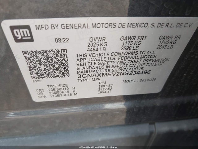 2022 Chevrolet Equinox Fwd Rs მანქანა იყიდება აუქციონზე, vin: 3GNAXMEV2NS234496, აუქციონის ნომერი: 45864382