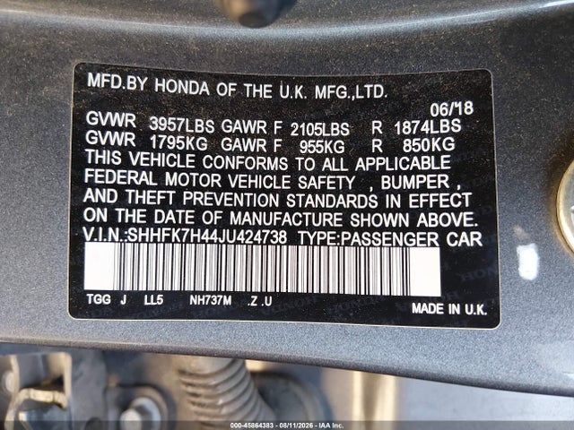 SHHFK7H44JU424738 Honda Civic Sport