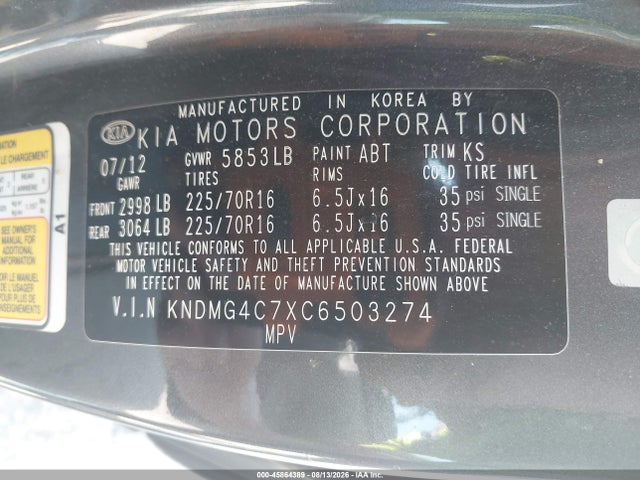 Aukcja sprzedaży 2012 Kia Sedona Lx, vin: KNDMG4C7XC6503274, numer aukcji: 45864389