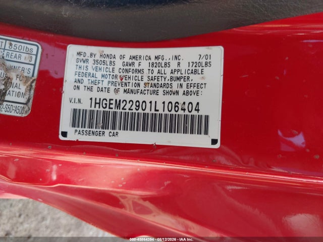 Продаж на аукціоні авто 2001 Honda Civic Ex, vin: 1HGEM22901L106404, номер лоту: 45864394