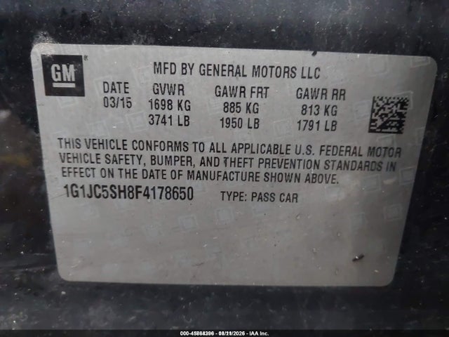 45864396 :رقم المزاد ، 1G1JC5SH8F4178650 vin ، 2015 Chevrolet Sonic Lt Auto مزاد بيع
