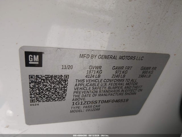 Продажа на аукционе авто 2021 Chevrolet Malibu Fwd Lt, vin: 1G1ZD5ST0MF046519, номер лота: 45864398