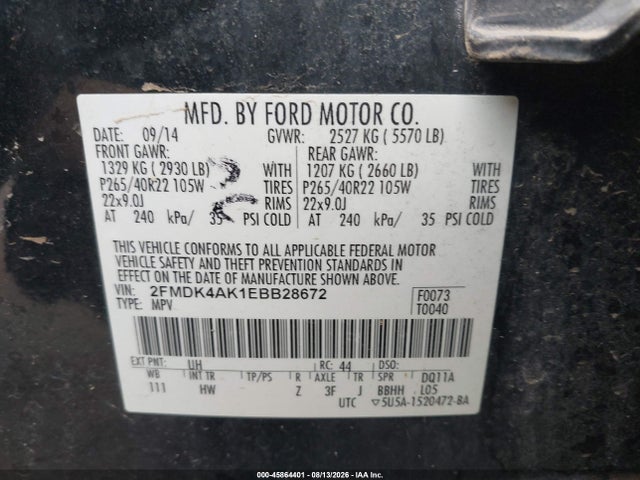 Продажа на аукционе авто 2014 Ford Edge Sport, vin: 2FMDK4AK1EBB28672, номер лота: 45864401