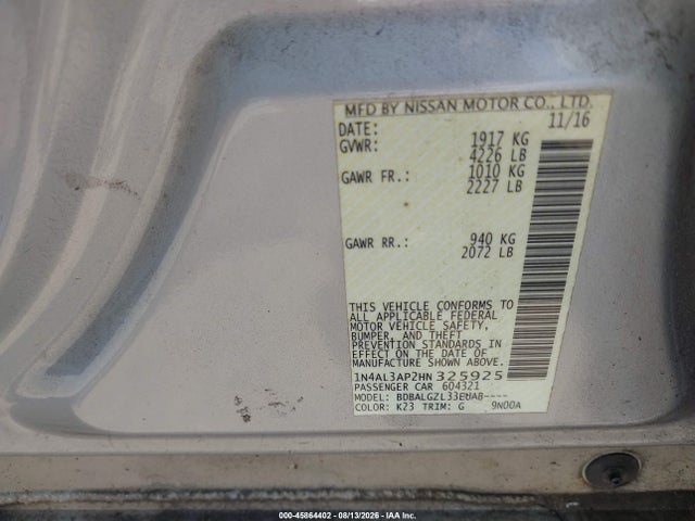 45864402 :رقم المزاد ، 1N4AL3AP2HN325925 vin ، 2017 Nissan Altima 2.5 S مزاد بيع