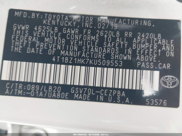 4T1BZ1HK7KU509553 Toyota Camry Xse V6