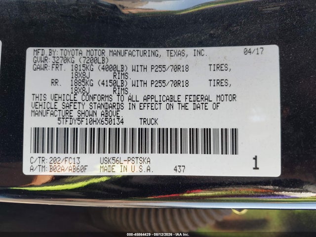 45864429 :رقم المزاد ، 5TFDY5F10HX650134 vin ، 2017 Toyota Tundra Sr5 5.7l V8 مزاد بيع