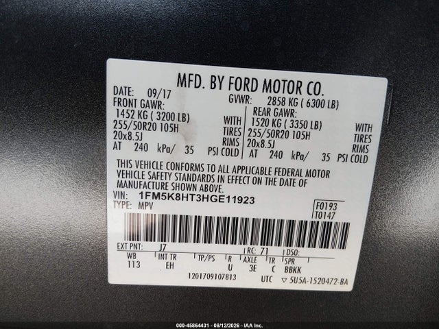 Aukcja sprzedaży 2017 Ford Explorer Platinum, vin: 1FM5K8HT3HGE11923, numer aukcji: 45864431