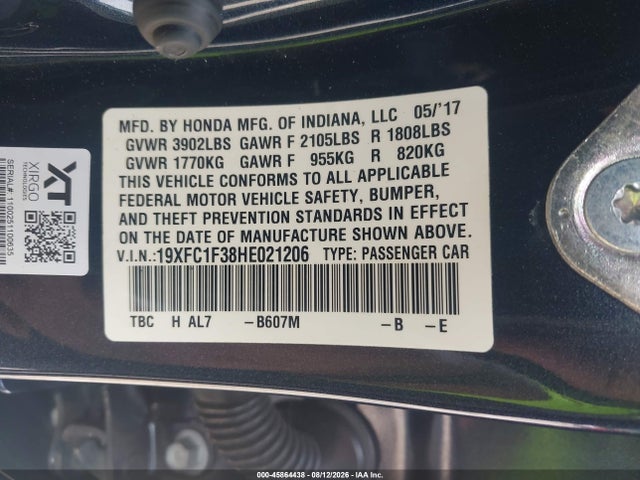 Продажа на аукционе авто 2017 Honda Civic Ex-t, vin: 19XFC1F38HE021206, номер лота: 45864438
