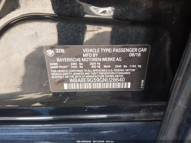 BMW 328I 2016 WBA8E9G59GNU28640 Image 9