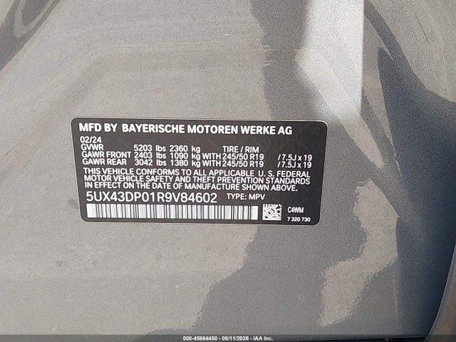 45864450 :رقم المزاد ، 5UX43DP01R9V84602 vin ، 2024 Bmw X3 Sdrive30i مزاد بيع