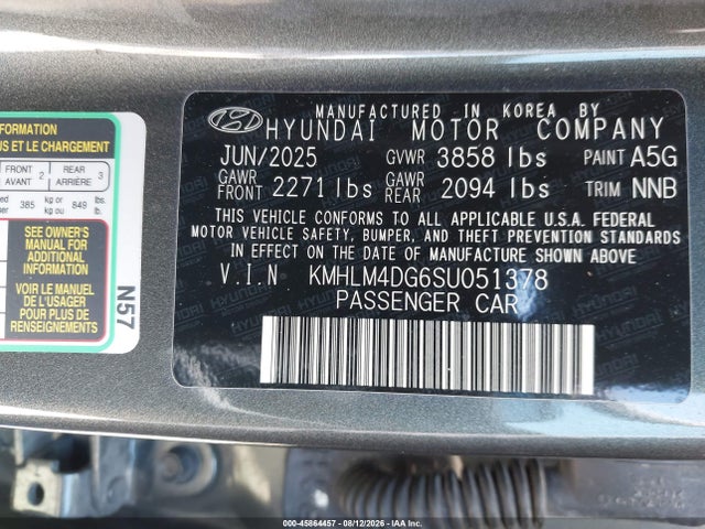 Auction sale of the 2025 Hyundai Elantra Sel Sport, vin: KMHLM4DG6SU051378, lot number: 45864457