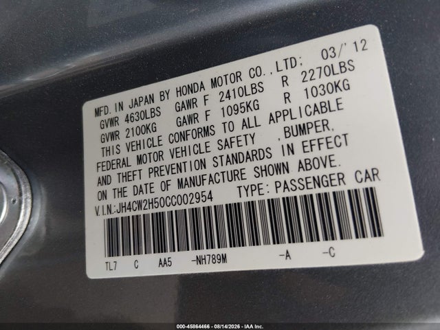 2012 Acura Tsx 2.4 მანქანა იყიდება აუქციონზე, vin: JH4CW2H50CC002954, აუქციონის ნომერი: 45864466