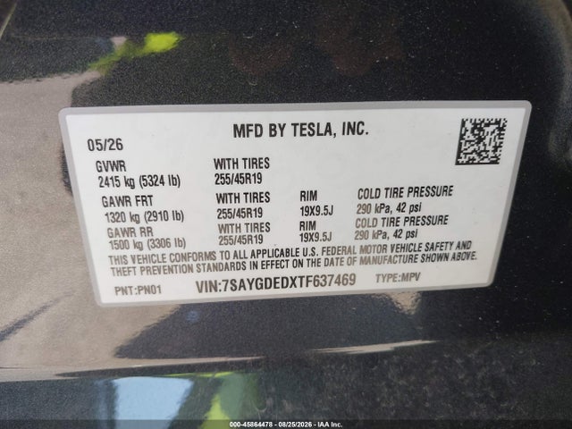 Aukcja sprzedaży 2026 Tesla Model Y Premium/rear-wheel Drive, vin: 7SAYGDEDXTF637469, numer aukcji: 45864478