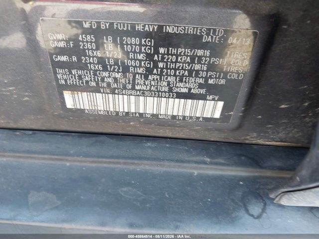 45864514 :رقم المزاد ، 4S4BRBAC3D3310033 vin ، 2013 Subaru Outback 2.5i مزاد بيع