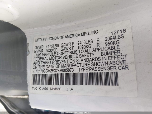 2019 Honda Accord Sport 2.0t მანქანა იყიდება აუქციონზე, vin: 1HGCV2F32KA005873, აუქციონის ნომერი: 45864530