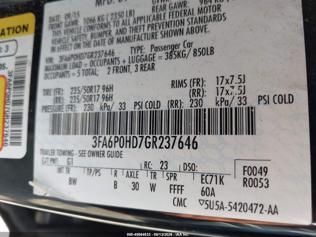 Продажа на аукционе авто 2016 Ford Fusion Se, vin: 3FA6P0HD7GR237646, номер лота: 45864533