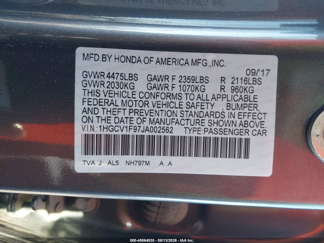 Aukcja sprzedaży 2018 Honda Accord Touring, vin: 1HGCV1F97JA002562, numer aukcji: 45864535