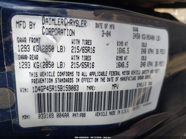 Продажа на аукционе авто 2005 Dodge Caravan Sxt, vin: 1D4GP45R15B159083, номер лота: 45864545