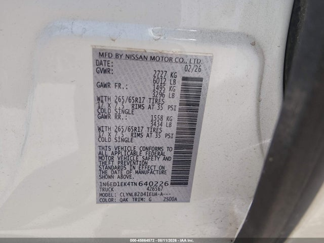 1N6ED1EK4TN640226 Nissan Frontier Sv 4x4