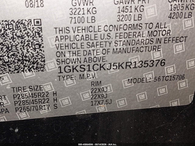 Aukcja sprzedaży 2019 Gmc Yukon Denali, vin: 1GKS1CKJ5KR135376, numer aukcji: 45864586