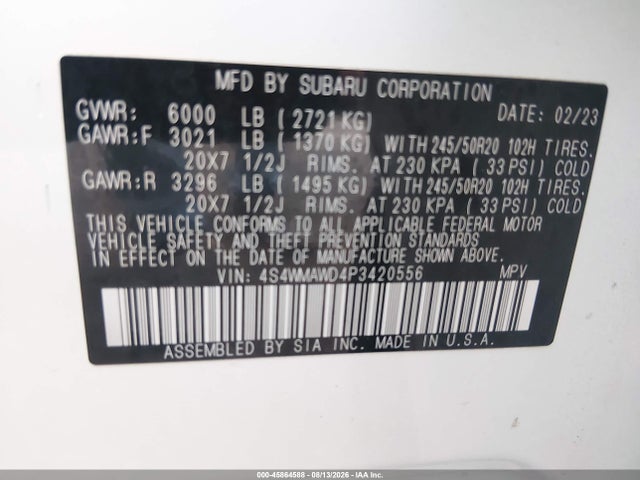 Aukcja sprzedaży 2023 Subaru Ascent Touring 7-passenger, vin: 4S4WMAWD4P3420556, numer aukcji: 45864588