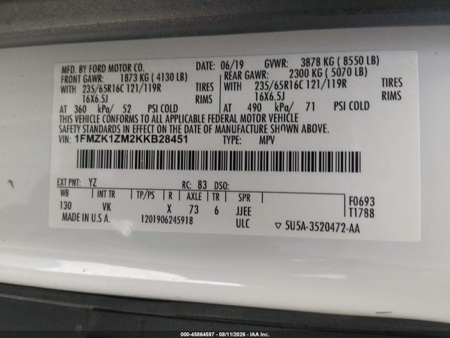 2019 Ford Transit-150 Xl მანქანა იყიდება აუქციონზე, vin: 1FMZK1ZM2KKB28451, აუქციონის ნომერი: 45864597