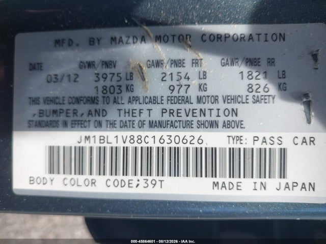 Aukcja sprzedaży 2012 Mazda Mazda3 I Touring, vin: JM1BL1V88C1630626, numer aukcji: 45864601