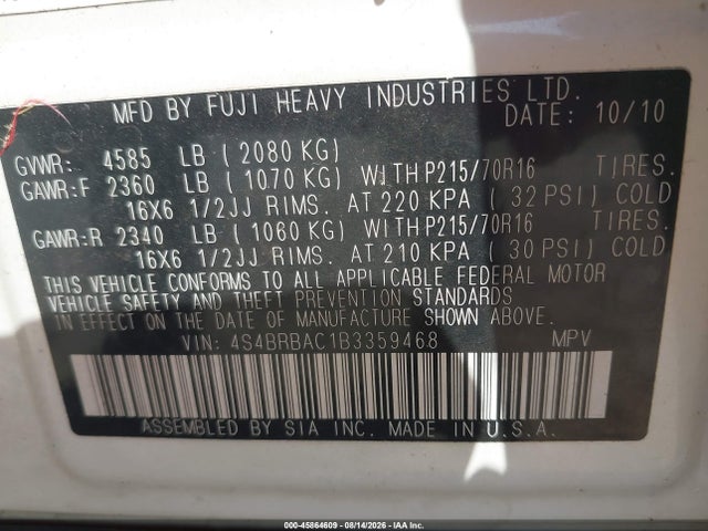 Продажа на аукционе авто 2011 Subaru Outback 2.5i, vin: 4S4BRBAC1B3359468, номер лота: 45864609