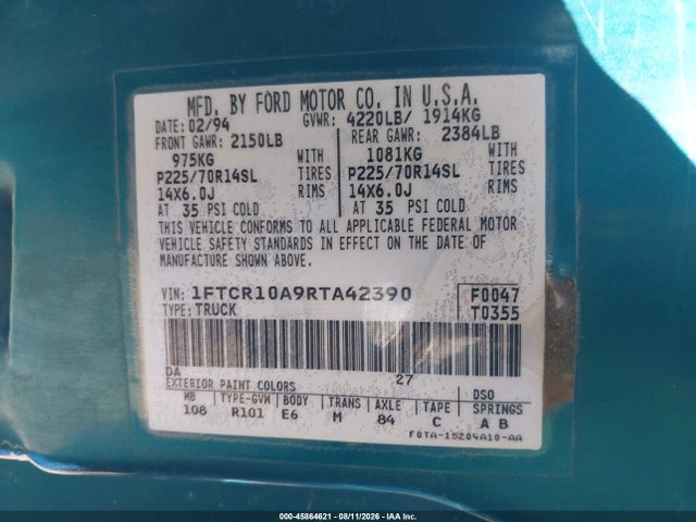 1994 Ford Ranger მანქანა იყიდება აუქციონზე, vin: 1FTCR10A9RTA42390, აუქციონის ნომერი: 45864621