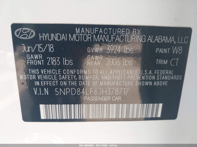 45864623 :رقم المزاد ، 5NPD84LF6JH378717 vin ، 2018 Hyundai Elantra Value Edition مزاد بيع