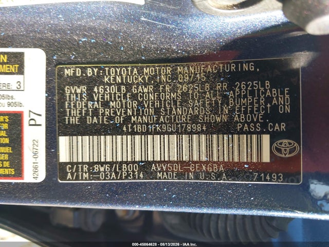 2016 Toyota Camry Hybrid Xle მანქანა იყიდება აუქციონზე, vin: 4T1BD1FK9GU178984, აუქციონის ნომერი: 45864628