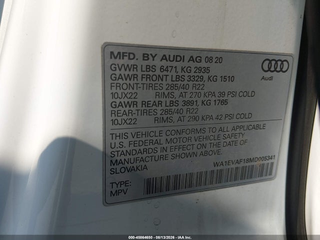 Aukcja sprzedaży 2021 Audi Q8 Premium Plus 55 Tfsi Quattro Tiptronic, vin: WA1EVAF18MD005341, numer aukcji: 45864650