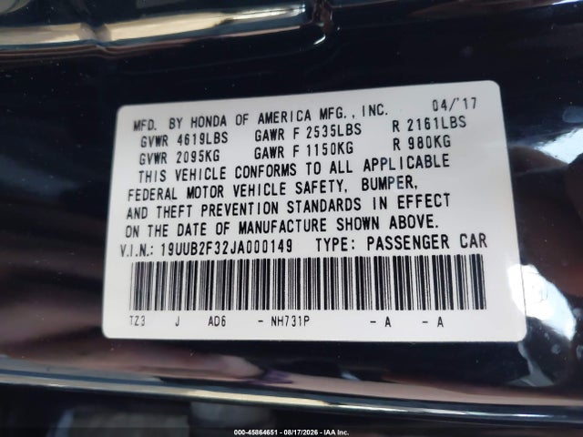 2018 Acura Tlx მანქანა იყიდება აუქციონზე, vin: 19UUB2F32JA000149, აუქციონის ნომერი: 45864651