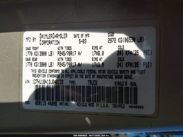 Продажа на аукционе авто 2003 Dodge Ram 1500 Slt/laramie/st, vin: 1D7HU16N13J646233, номер лота: 45864652