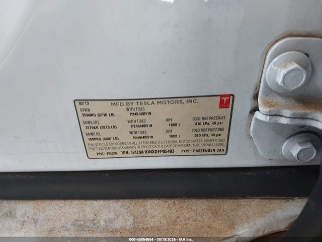 2013 Tesla Model S მანქანა იყიდება აუქციონზე, vin: 5YJSA1DNXDFP05493, აუქციონის ნომერი: 45864654