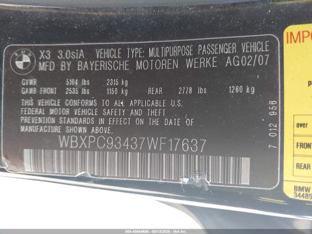 Aukcja sprzedaży 2007 Bmw X3 3.0si, vin: WBXPC93437WF17637, numer aukcji: 45864656