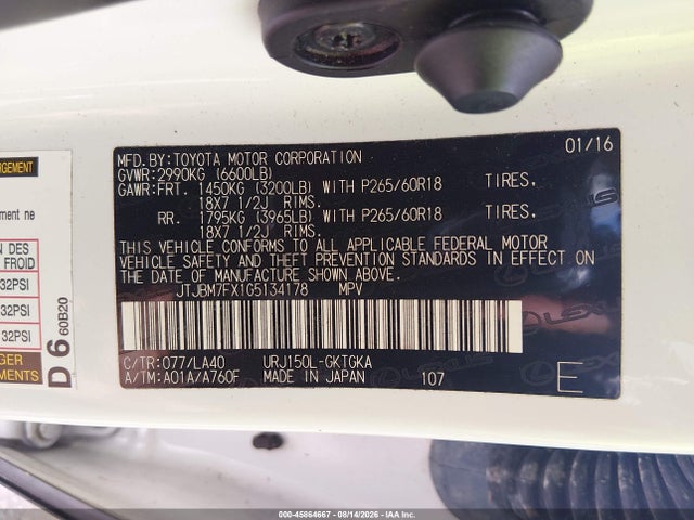 45864667 :رقم المزاد ، JTJBM7FX1G5134178 vin ، 2016 Lexus Gx 460 مزاد بيع