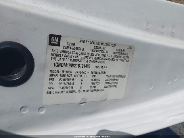 45864679 :رقم المزاد ، 1GNDM19W21B121483 vin ، 2001 Chevrolet Astro Ls مزاد بيع
