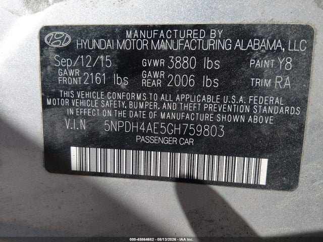 45864682 :رقم المزاد ، 5NPDH4AE5GH759803 vin ، 2016 Hyundai Elantra Se مزاد بيع