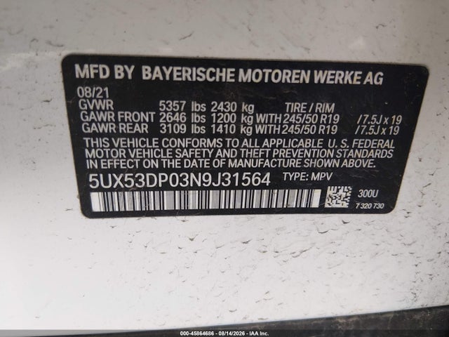 2022 Bmw X3 Xdrive30i მანქანა იყიდება აუქციონზე, vin: 5UX53DP03N9J31564, აუქციონის ნომერი: 45864686