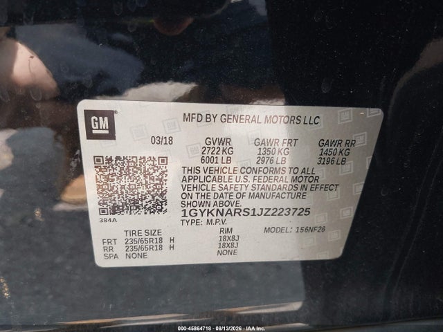 45864718 :رقم المزاد ، 1GYKNARS1JZ223725 vin ، 2018 Cadillac Xt5 Standard مزاد بيع