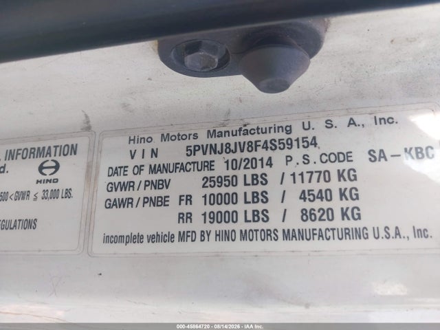 Продажа на аукционе авто 2015 Hino 258/268, vin: 5PVNJ8JV8F4S59154, номер лота: 45864720