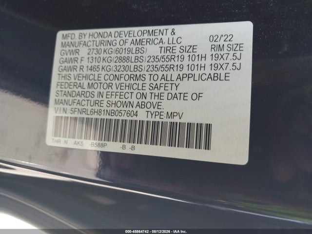 Aukcja sprzedaży 2022 Honda Odyssey Touring, vin: 5FNRL6H81NB057604, numer aukcji: 45864742