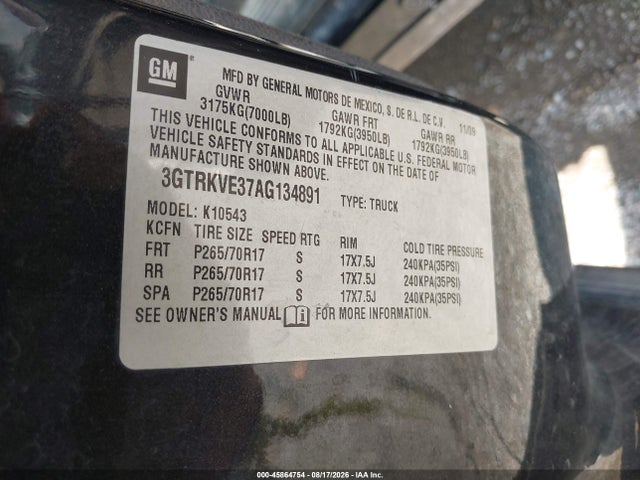Aukcja sprzedaży 2010 Gmc Sierra 1500 Sle, vin: 3GTRKVE37AG134891, numer aukcji: 45864754