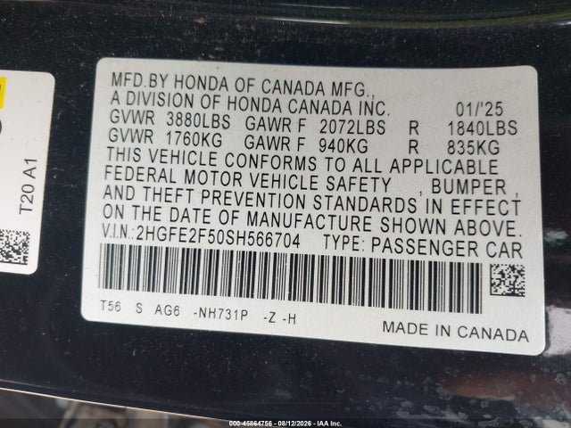 Продаж на аукціоні авто 2025 Honda Civic Sport, vin: 2HGFE2F50SH566704, номер лоту: 45864756