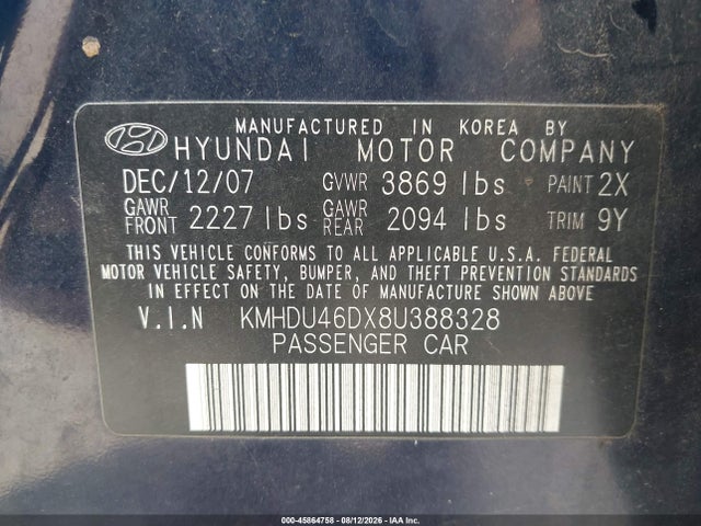45864758 :رقم المزاد ، KMHDU46DX8U388328 vin ، 2008 Hyundai Elantra Gls/se مزاد بيع