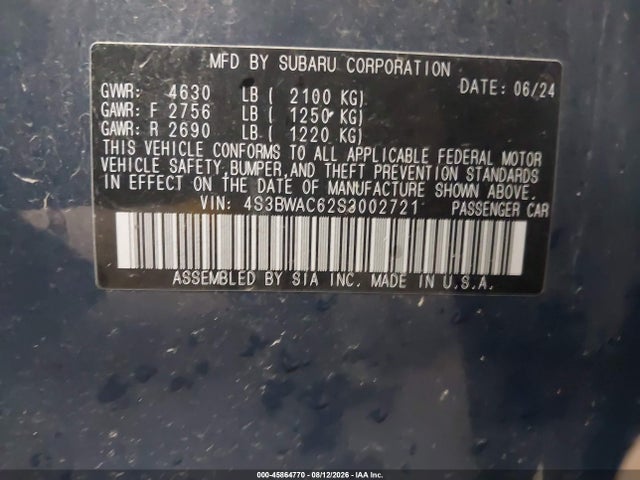 2025 Subaru Legacy Premium მანქანა იყიდება აუქციონზე, vin: 4S3BWAC62S3002721, აუქციონის ნომერი: 45864770