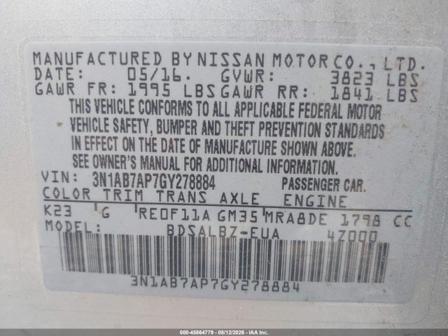 Продаж на аукціоні авто 2016 Nissan Sentra S, vin: 3N1AB7AP7GY278884, номер лоту: 45864779